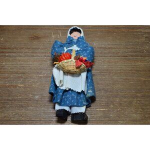 Wooden Country Pilgrim Thanksgiving Figure Basket Pumpkin Handmade Blue Dress